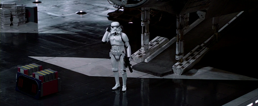 What is the operating number of the Stormtrooper whose identity is taken by Luke Skywalker in the Millennium Falcon?